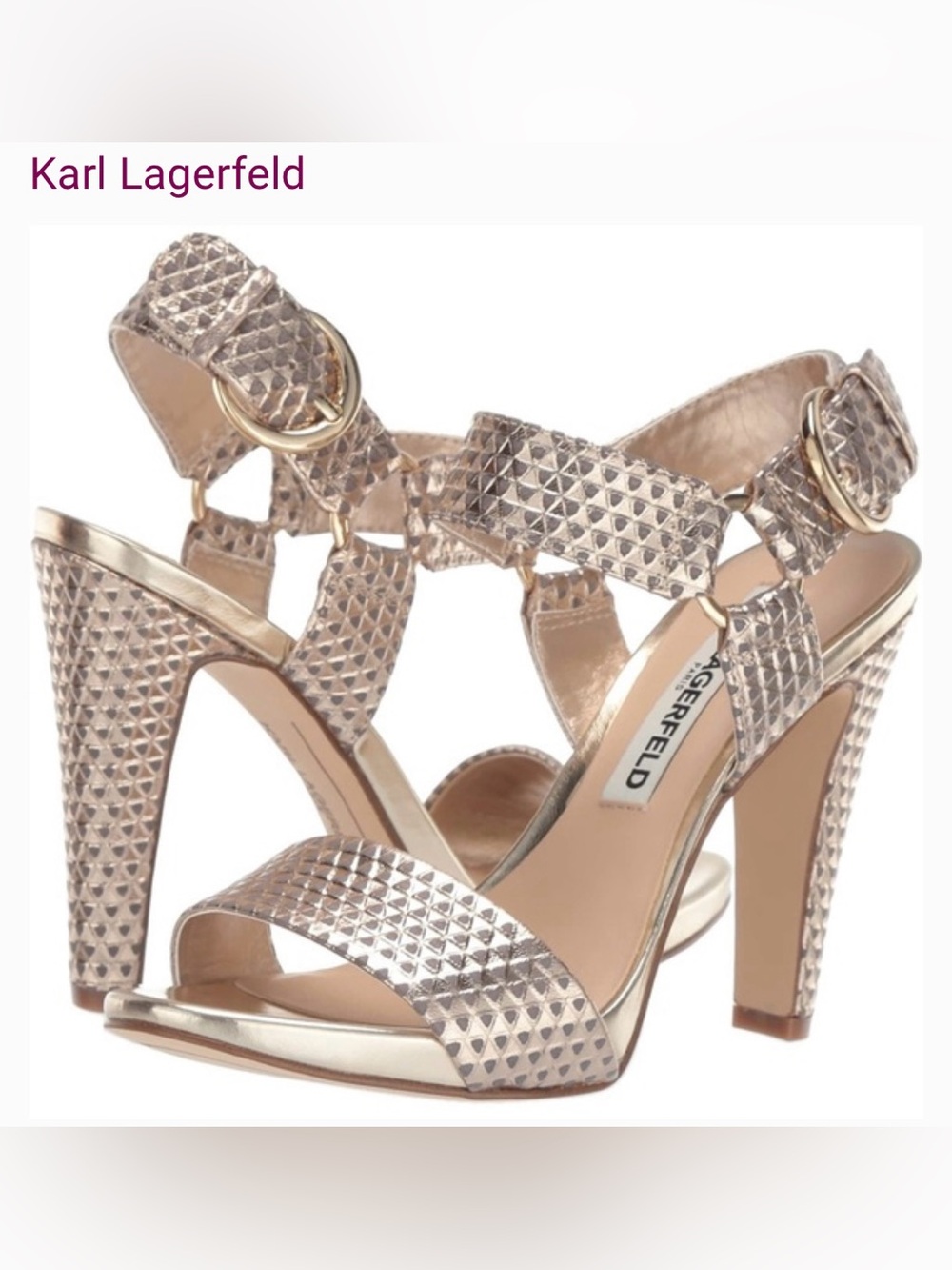 Karl Lagerfeld Cieone Metallic Leather Heeled Sandals Sz 7.5 Gold Silver 4 inch